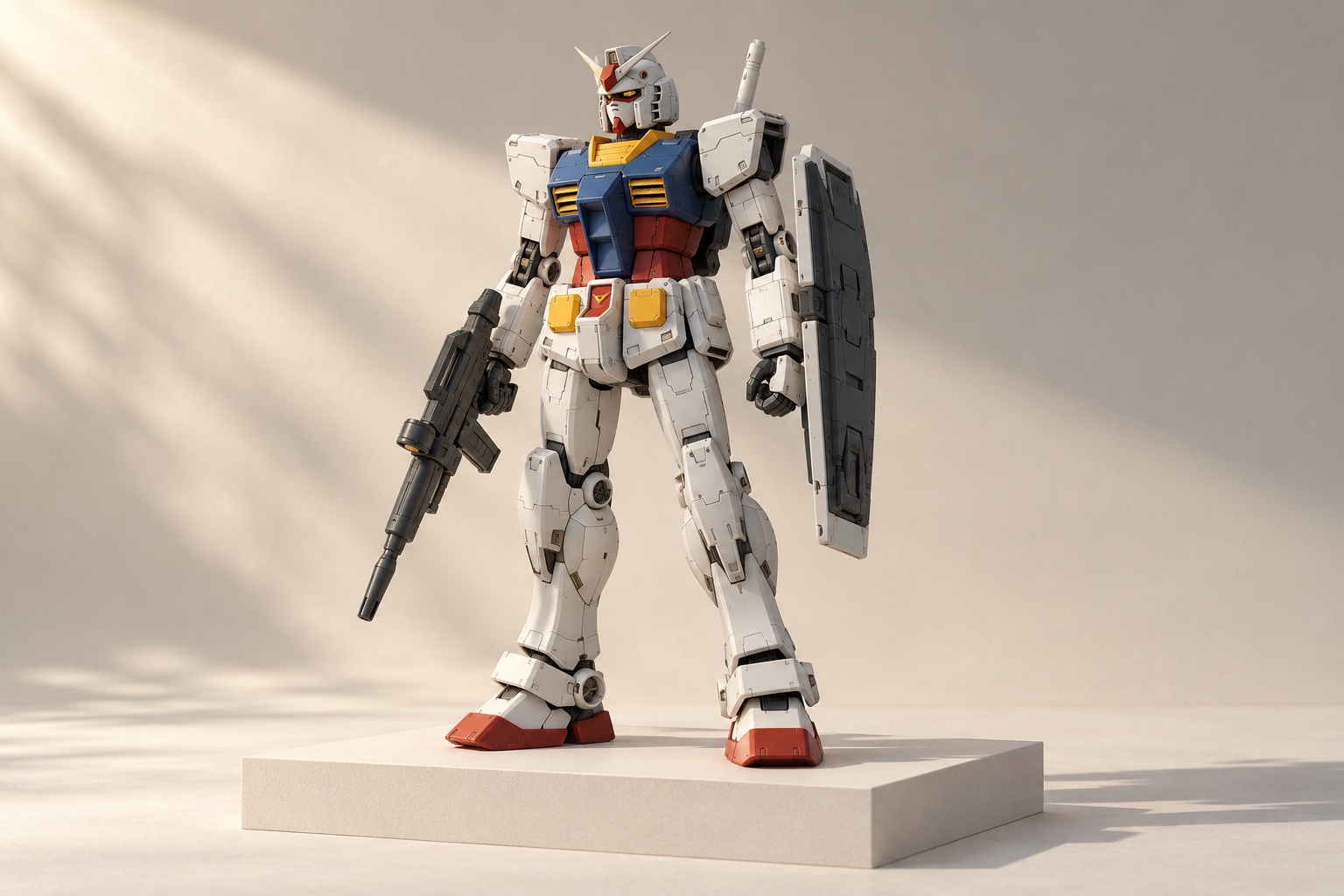 高达模型示意展品，站立于浅色展台